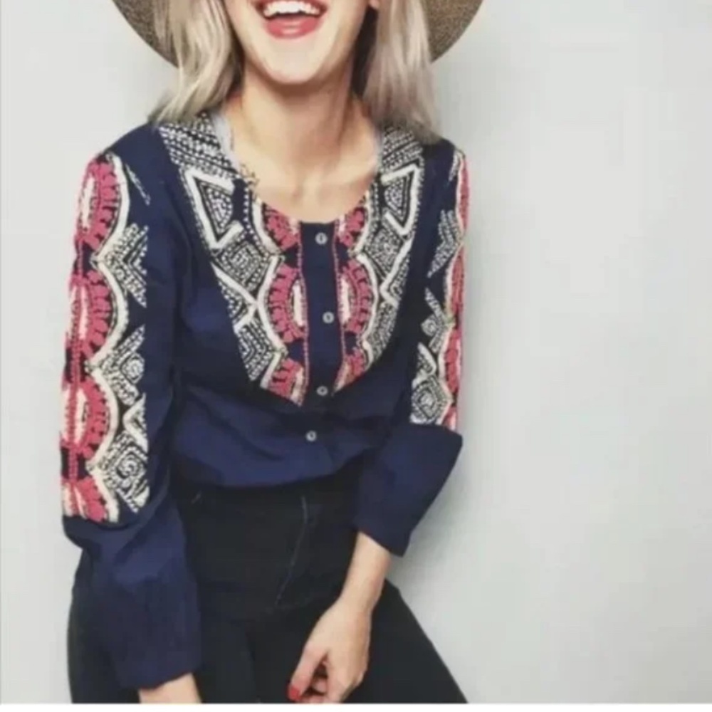Anthropologie Hei Hei Embroidered Agonda Button Down Cotton Tunic Top Size 8